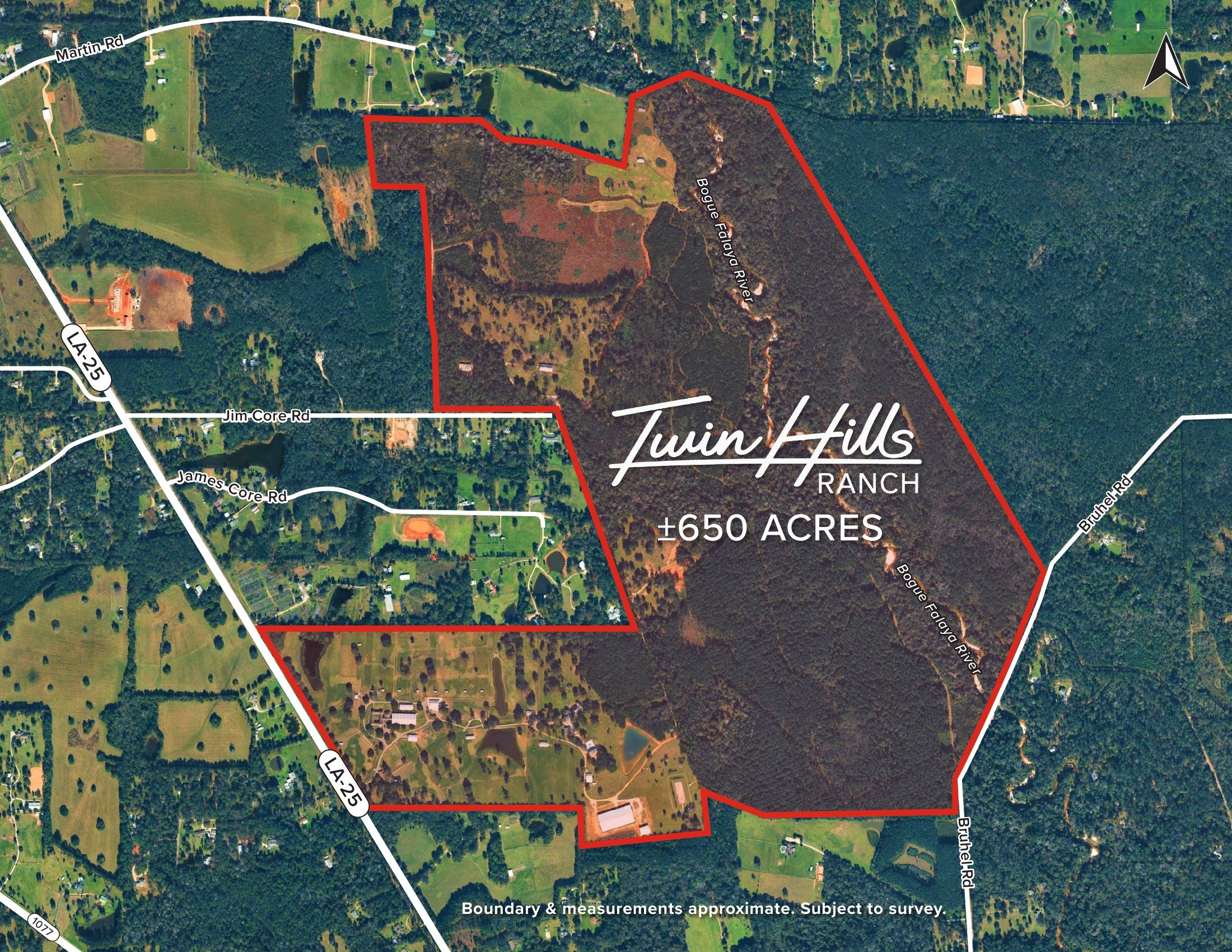 Aerial boundary map of the ±650-acre tract, bounded by LA-25, Jim Core Road and Bruhel Road