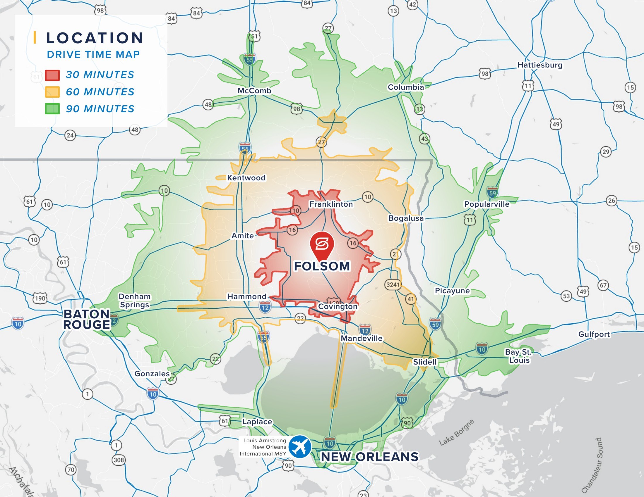 Drive-time map showing 30, 60 and 90 minute bands from Folsom