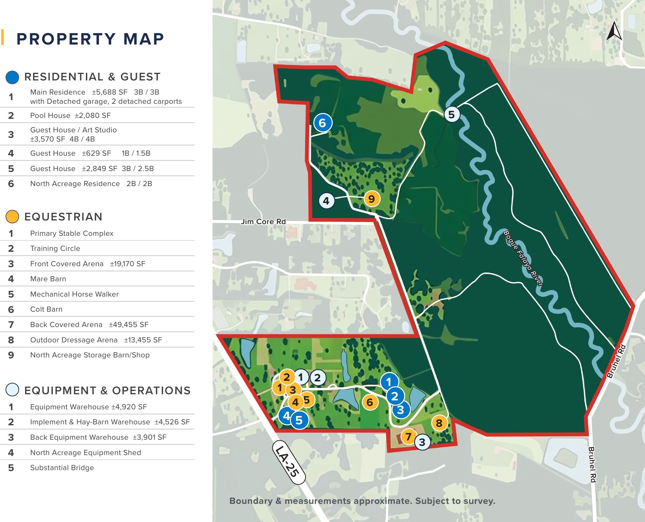 Property map with a numbered legend of residential and guest structures, equestrian facilities, and equipment and operational buildings, keyed to their locations on the tract