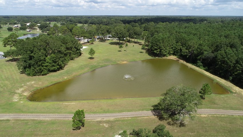A pond on the ranch with a fountain, ringed by trees